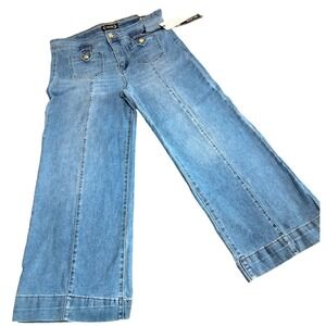 Nanette Lepore Jolie Super High Rise Wide Leg Jeans Med Wash Blue Petite 10P NEW